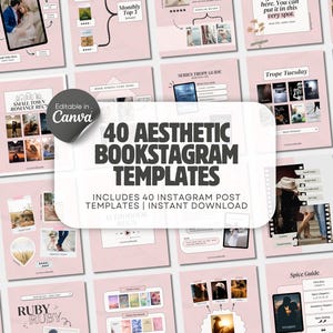 May include: A collection of 40 digital social media templates for book enthusiasts, featuring a soft pink color palette with various layouts for book reviews, reading lists, and tropes, all editable in Canva with clear text headings.