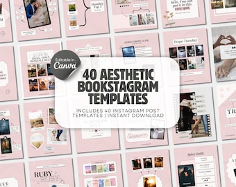 May include: A collection of 40 digital social media templates for book enthusiasts, featuring a soft pink color palette with various layouts for book reviews, reading lists, and tropes, all editable in Canva with clear text headings.