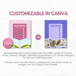 May include: A digital template for a 2026 reading goals list, featuring a pink version and a purple version with text reading MY SOFT READING GOALS FOR 2026. The design includes drag and drop frames for images and is customizable in Canva.