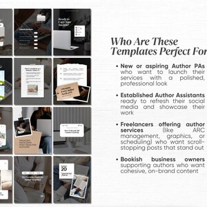 May include: A grid of social media templates with text, including "Ready to Copy Your Success?" and "Who Are These Templates Perfect For?" The templates are for author assistants and freelancers.