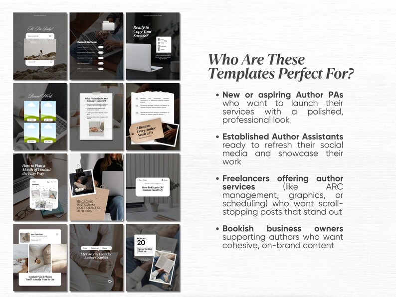May include: A grid of social media templates with text, including "Ready to Copy Your Success?" and "Who Are These Templates Perfect For?" The templates are for author assistants and freelancers.