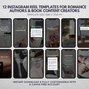 May include: A set of 12 Instagram reel templates for romance authors and book content creators, featuring a template size of 1080 x 1920 px. The digital templates display various text overlays, photographic backgrounds, and layouts for social media.