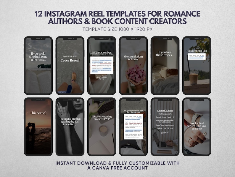 May include: A set of 12 Instagram reel templates for romance authors and book content creators, featuring a template size of 1080 x 1920 px. The digital templates display various text overlays, photographic backgrounds, and layouts for social media.