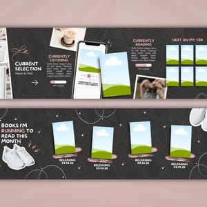 May include: Two digital social media templates with a dark charcoal background. The first features sections for current selection, listening, reading, and TBR lists. The second displays a running theme with white sneakers and four book release slots.