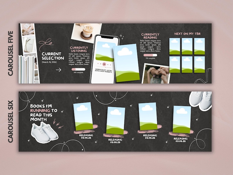 May include: Two digital social media templates with a dark charcoal background. The first features sections for current selection, listening, reading, and TBR lists. The second displays a running theme with white sneakers and four book release slots.