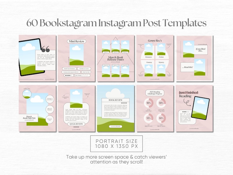 May include: 60 Instagram post templates for bookstagram featuring a pink background with green and white illustrations of clouds, books, and text. The templates are designed for portrait orientation with a size of 1080 x 1350 pixels.