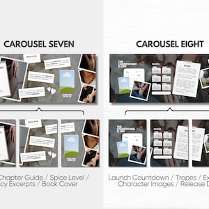 May include: A digital marketing carousel template for books featuring two layouts labeled Carousel Seven and Carousel Eight. The designs include placeholders for text, book covers, chapter lists, spice levels, tropes, and release dates.