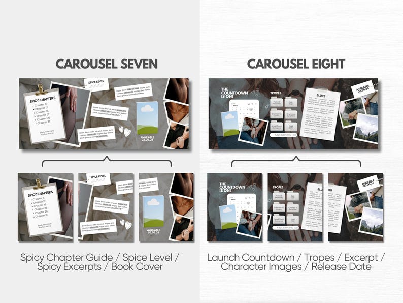 May include: A digital marketing carousel template for books featuring two layouts labeled Carousel Seven and Carousel Eight. The designs include placeholders for text, book covers, chapter lists, spice levels, tropes, and release dates.