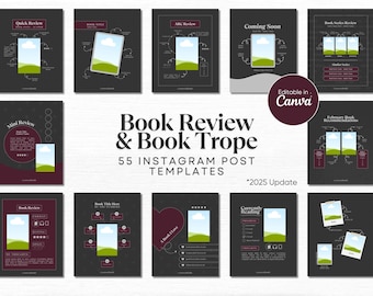 May include: A set of 55 Instagram post templates for book reviews and book tropes. The templates feature a variety of designs, including a book cover, a heart, and a cloud. The templates are editable in Canva and are perfect for book bloggers and reviewers.
