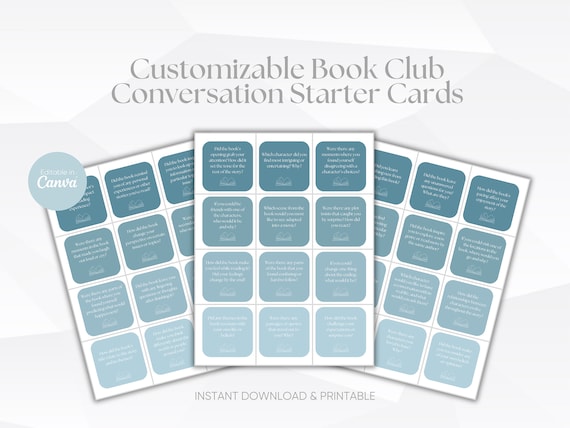 Book Club Conversation Starter Cards, Customizable Template (Printable)