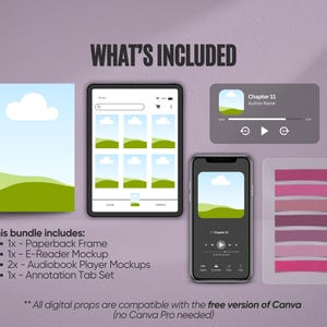 May include: Digital mockup bundle featuring a paperback frame, e-reader, audiobook player mockups, and annotation tabs. The image includes a tablet, smartphone, and audio player interface, all with a landscape design. Text reads "WHAT'S INCLUDED" and "This bundle includes:" with a list of items.