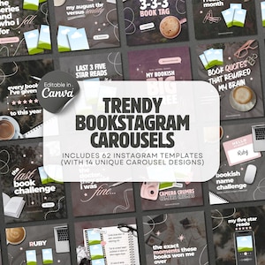 May include: A collection of 62 Instagram templates for book-themed social media posts, featuring 14 unique carousel designs. The templates include text overlays, coffee cups, stationery, and book imagery, all editable in Canva for content creators.