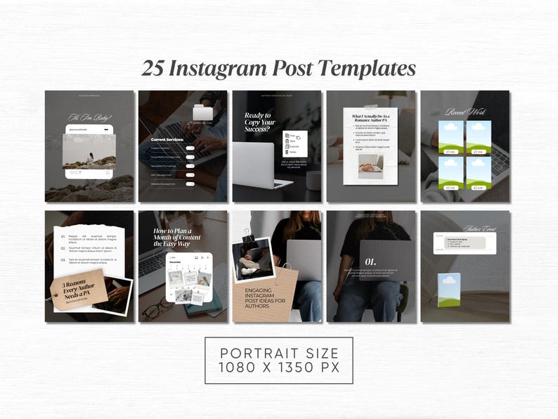 May include: A collection of 25 Instagram post templates, showcasing various designs with text overlays and images. The templates are displayed in a grid layout, with the text "25 Instagram Post Templates" at the top and "Portrait Size 1080 X 1350 PX" at the bottom.