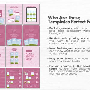 May include: A collection of twelve pink social media templates for book-related content, featuring various layouts with book icons, calendar grids, and text boxes. The text includes phrases like Books That Remind You Of Me and My Week At A Glance.