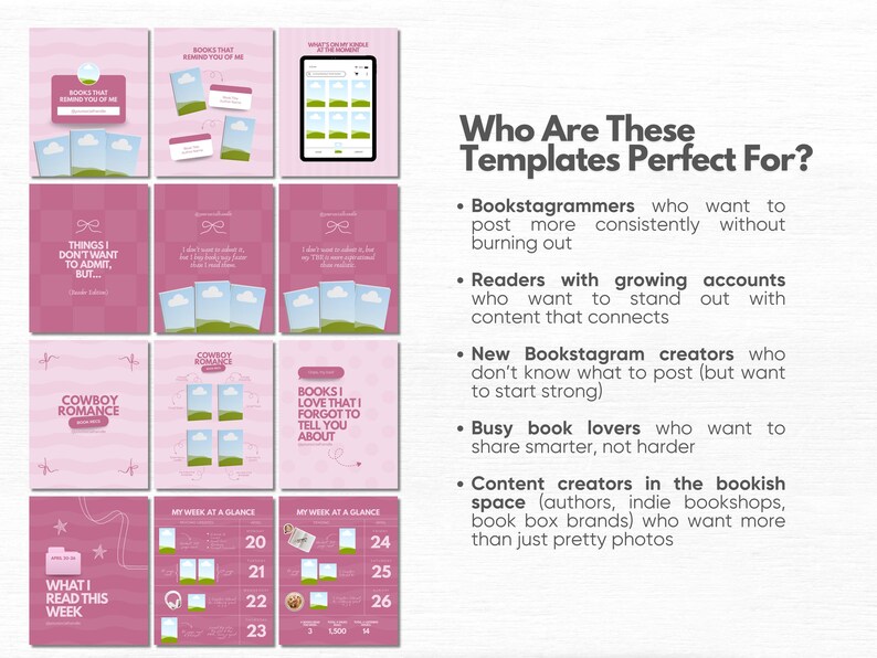 May include: A collection of twelve pink social media templates for book-related content, featuring various layouts with book icons, calendar grids, and text boxes. The text includes phrases like Books That Remind You Of Me and My Week At A Glance.
