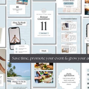 May include: A collage of images promoting a retreat in Cozumel, Mexico. The images include a countdown timer, a list of things to do, a daily affirmation, and information about accommodations and meals. The text "Save time, promote your event & grow your audience!" is displayed in a banner across the middle of the collage.