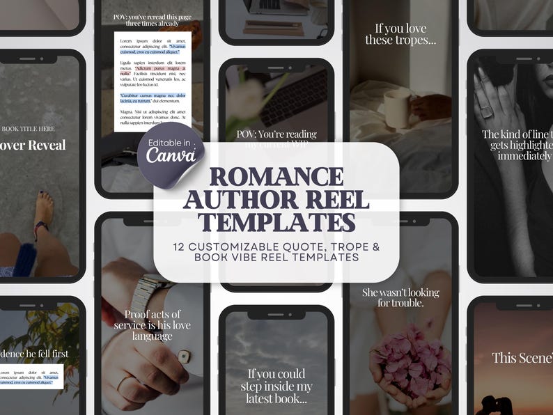 May include: A collection of twelve digital social media reel templates for romance authors, featuring customizable text overlays, book tropes, and aesthetic imagery. The central graphic includes the text "Editable in Canva" and "ROMANCE AUTHOR REEL TEMPLATES" with a list of 12 customizable quote, trope, and book vibe reel templates.