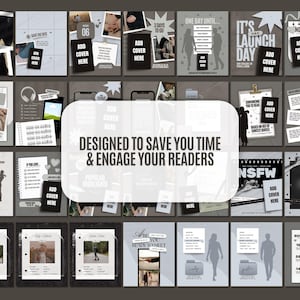 K&ouml;nnte beinhalten: Eine Sammlung von Social-Media-Vorlagen in Grau- und Wei&szlig;t&ouml;nen, mit verschiedenen Layouts mit Text- und Bildplatzhaltern. Der Satz "DESIGNED TO SAVE YOU TIME & ENGAGE YOUR READERS" ist prominent dargestellt.