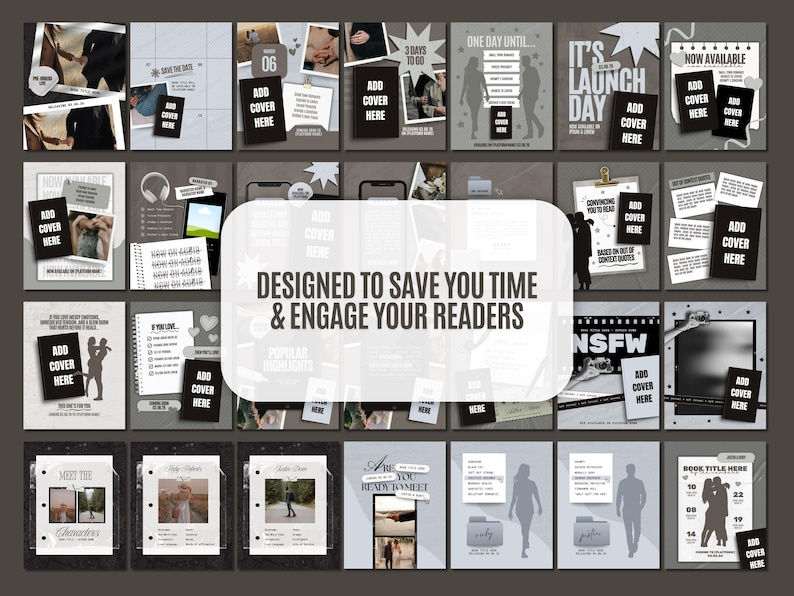 K&ouml;nnte beinhalten: Eine Sammlung von Social-Media-Vorlagen in Grau- und Wei&szlig;t&ouml;nen, mit verschiedenen Layouts mit Text- und Bildplatzhaltern. Der Satz "DESIGNED TO SAVE YOU TIME & ENGAGE YOUR READERS" ist prominent dargestellt.