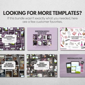 May include: A digital marketing template bundle featuring six distinct graphic sets for social media. Text includes LOOKING FOR MORE TEMPLATES?, TRENDING BOOKSTAGRAM POSTS, BOOKSTAGRAM MONTHLY READING RECAP, 800+ BOOKSTAGRAM POST ACCESSORIES, 20 TRENDY BOOKSTAGRAM REEL TEMPLATES, TRENDY BOOKSTAGRAM CAROUSELS, and BOOKSTAGRAM DIGITAL PROPS.