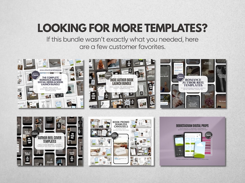 K&ouml;nnte beinhalten: Eine digitale Sammlung von Social-Media-Vorlagen mit sechs verschiedenen Sets: The Complete Romance Author Social Media & Book Launch Bundle, Indie Author Book Launch Bundle, Romance Author Reel Templates, Author Reel Cover Templates, Book Promo Seamless Carousels und Bookstagram Digital Props.