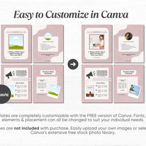 K&ouml;nnte beinhalten: Eine Sammlung anpassbarer Canva-Vorlagen in Rosa- und Wei&szlig;t&ouml;nen. Die Vorlagen enthalten Designs f&uuml;r Social-Media-Posts mit Texten wie "Easy to Customize in Canva" und "GIVEAWAY". Das Canva-Logo ist ebenfalls sichtbar.