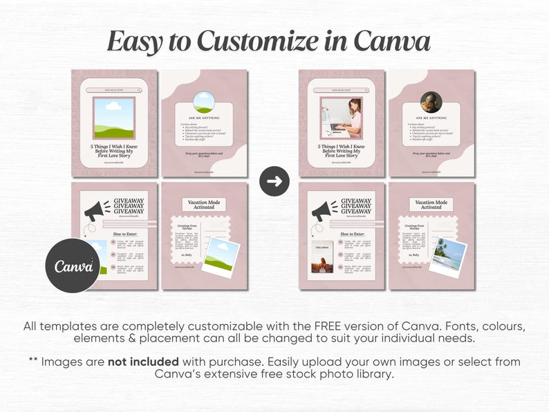 K&ouml;nnte beinhalten: Eine Sammlung anpassbarer Canva-Vorlagen in Rosa- und Wei&szlig;t&ouml;nen. Die Vorlagen enthalten Designs f&uuml;r Social-Media-Posts mit Texten wie "Easy to Customize in Canva" und "GIVEAWAY". Das Canva-Logo ist ebenfalls sichtbar.