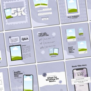 May include: A collection of light purple social media templates for book authors, featuring various layouts with placeholders for images, text, and graphics. The designs include elements like smartphones, tablets, speech bubbles, and stamp-style frames.