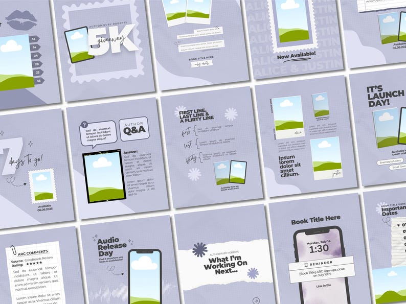 May include: A collection of light purple social media templates for book authors, featuring various layouts with placeholders for images, text, and graphics. The designs include elements like smartphones, tablets, speech bubbles, and stamp-style frames.