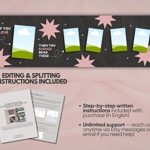 May include: A digital carousel template featuring a dark chalkboard-style background with pink star shapes and five rectangular photo placeholders showing a landscape graphic. Text includes CAROUSEL SEVEN, IF YOU LOVE, THEN YOU SHOULD READ THESE, and EDITING & SPLITTING INSTRUCTIONS INCLUDED, alongside two printed instruction sheets.
