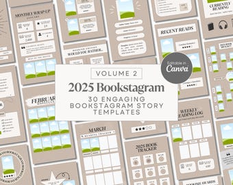 May include: A set of 30 Instagram story templates for bookstagram featuring a brown background with a white text overlay. The text reads "Volume 2 2025 Bookstagram 30 Engaging Bookstagram Story Templates Editable in Canva". The templates feature a variety of designs, including monthly wrap-up, reading tracker, book bracket, and weekly reading log.