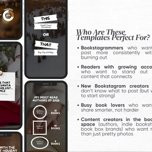 May include: A collection of smartphone screen mockups with text and graphics. The screens display book-related content, including lists, polls, and promotional material. Text includes "This or That" and "My Most Read Authors of 2025".
