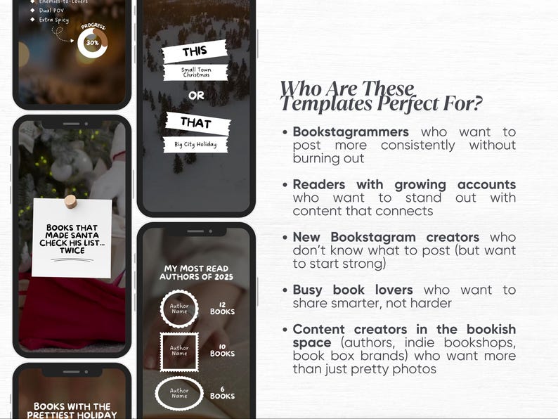 May include: A collection of smartphone screen mockups with text and graphics. The screens display book-related content, including lists, polls, and promotional material. Text includes "This or That" and "My Most Read Authors of 2025".
