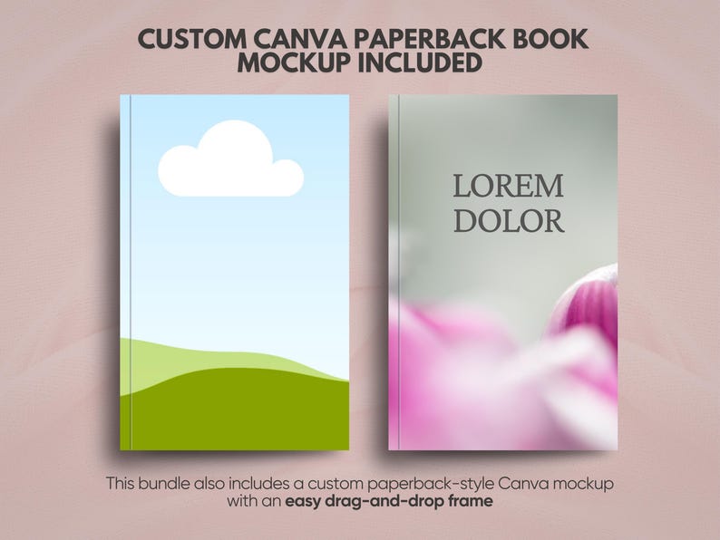 May include: Two paperback book mockups featuring the text CUSTOM CANVA PAPERBACK BOOK MOCKUP INCLUDED. The left book shows a blue sky with a white cloud over green hills. The right book displays the text LOREM DOLOR over a blurred pink floral image.