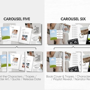 May include: A digital marketing template set for social media featuring two carousel layouts. Carousel Five displays character profiles with book covers, quotes, and release dates. Carousel Six showcases book covers, tropes, character images, playlists, and narrator reveals with icons of cassette tapes, headphones, and smartphones.