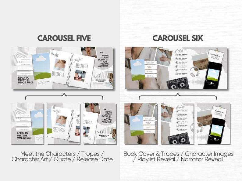 May include: A digital marketing template set for social media featuring two carousel layouts. Carousel Five displays character profiles with book covers, quotes, and release dates. Carousel Six showcases book covers, tropes, character images, playlists, and narrator reveals with icons of cassette tapes, headphones, and smartphones.