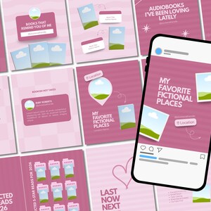 May include: A collection of digital social media templates in shades of pink featuring book-related themes. The designs include text such as My Favorite Fictional Places, Bookish Hot Takes, and Audiobooks I've Been Loving Lately, with icons of books.