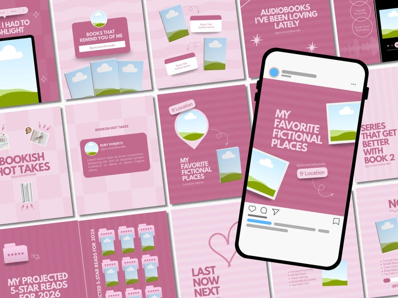 May include: A collection of digital social media templates in shades of pink featuring book-related themes. The designs include text such as My Favorite Fictional Places, Bookish Hot Takes, and Audiobooks I've Been Loving Lately, with icons of books.