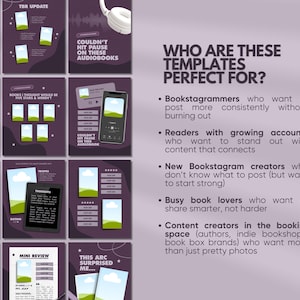 K&ouml;nnte beinhalten: Eine Sammlung von lila Vorlagen f&uuml;r Social-Media-Posts zum Thema B&uuml;cher. Die Vorlagen enthalten Texte wie &bdquo;TBR Update&ldquo;, &bdquo;Five-Star Book Tag&ldquo; und &bdquo;Couldn't Hit Pause on These Audiobooks&ldquo;. Der Text &bdquo;Who Are These Templates Perfect For?&ldquo; ist ebenfalls sichtbar.