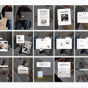 May include: A collection of digital graphics with text, including "ENGAGING INSTAGRAM POST IDEAS FOR AUTHORS" and "My Favorite Fonts for Author Graphics." The images feature laptops, notebooks, and various design elements, suggesting content creation and social media marketing.