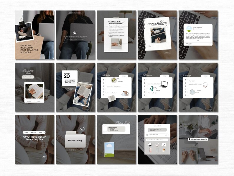 May include: A collection of digital graphics with text, including "ENGAGING INSTAGRAM POST IDEAS FOR AUTHORS" and "My Favorite Fonts for Author Graphics." The images feature laptops, notebooks, and various design elements, suggesting content creation and social media marketing.