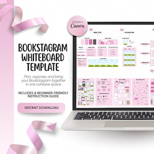 Puede incluir: Un portátil muestra una plantilla de pizarra Bookstagram rosa y blanca. La plantilla es editable en Canva e incluye una guía de instrucciones para principiantes. Cintas rosas caen por el lado izquierdo de la imagen.