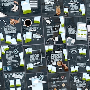 May include: A collection of twenty-four dark blue digital templates for social media posts, featuring various book-themed layouts, text overlays, and placeholder image frames with green hills and blue sky graphics for reading tracking.
