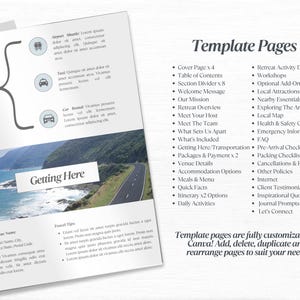 May include: A page from a retreat guide with a blue and green landscape photo. The page is titled "Getting Here" and lists transportation options. The page also includes a list of template pages for a retreat guide, including "Cover Page", "Table of Contents", "Welcome Message", "Retreat Overview", "Meet Your Host", "What's Included", "Getting Here/Transportation", "Packages & Payment", "Venue Details", "Accommodation Options", "Meals & Menu", "Quick Facts", "Itinerary", "Daily Activities", "Retreat Activity Descriptions", "Workshops", "Optional Add-On's", "Local Attractions", "Nearby Essentials", "Exploring The Area", "Local Map", "Health & Safety Guidelines", "Emergency Information", "FAQ", "Pre-Arrival Checklist", "Packing Checklist", "Cancellations & Refunds", "Other Policies", "Internet", "Client Testimonials", "Inspirational Quote", "Journal Prompts", and "Let's Connect".