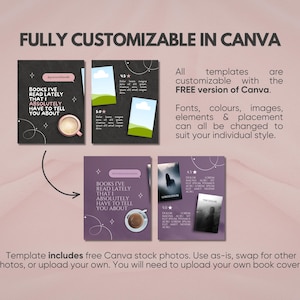 May include: A set of digital social media templates featuring dark backgrounds with text that reads FULLY CUSTOMIZABLE IN CANVA, BOOKS I'VE READ LATELY THAT I ABSOLUTELY HAVE TO TELL YOU ABOUT, and other placeholder text, alongside coffee cup graphics.