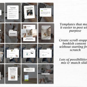 May include: A grid of digital templates with text overlays, showcasing various layouts for social media posts. The templates feature images of laptops, books, and coffee cups, with text that reads "Templates that make it easier to post with purpose."