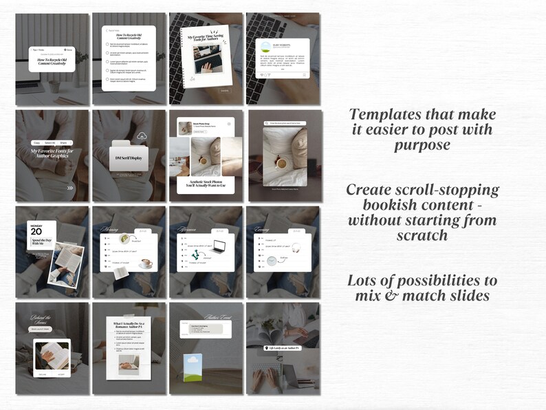 May include: A grid of digital templates with text overlays, showcasing various layouts for social media posts. The templates feature images of laptops, books, and coffee cups, with text that reads "Templates that make it easier to post with purpose."