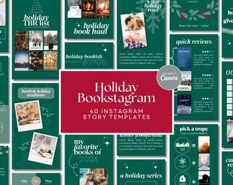 May include: A set of 40 Instagram story templates for bookstagram featuring a green and red color scheme with a holiday theme. The templates include text such as "holiday TBR list", "holiday book haul", "bookish holiday traditions", "my favorite books of 2024", "winter wonderland", "a holiday series", "quick reviews", "pick a trope", "current read", and "holiday bookish bingo".