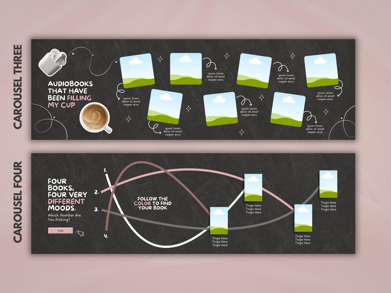 May include: Two dark gray digital templates featuring white text and graphics. The top template shows earbuds, a coffee cup, and seven photo placeholders. The bottom template displays a flow chart with four numbered lines and four photo placeholders.