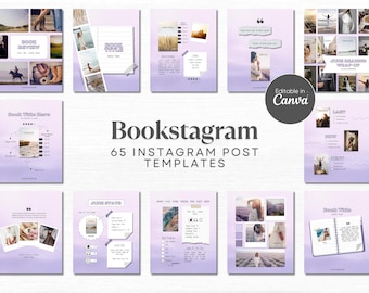 May include: A set of 65 Instagram post templates for bookstagram featuring a purple and white color scheme. The templates include various layouts with different fonts, graphics, and images. The text "Bookstagram 65 Instagram Post Templates" is displayed in the center of the image.